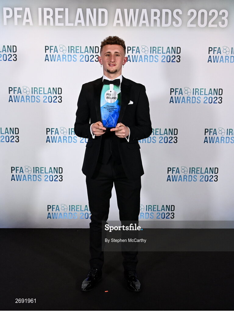 2 December 2023; Sam Curtis of St Patrick's Athletic with the PFA Ireland Men’s Young Player of the Year award during the PFA Ireland Awards 2023 at Anantara The Marker Dublin Hotel in Dublin. Photo by Stephen McCarthy/Sportsfile