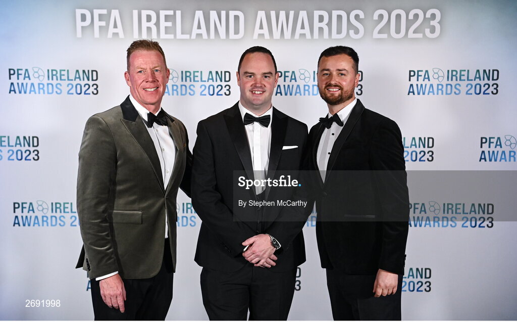 2 December 2023; PFA Ireland general secretary Stephen McGuinness, left, with Neil Doyle, centre, and Stephen Bent during the PFA Ireland Awards 2023 at Anantara The Marker Dublin Hotel in Dublin. Photo by Stephen McCarthy/Sportsfile