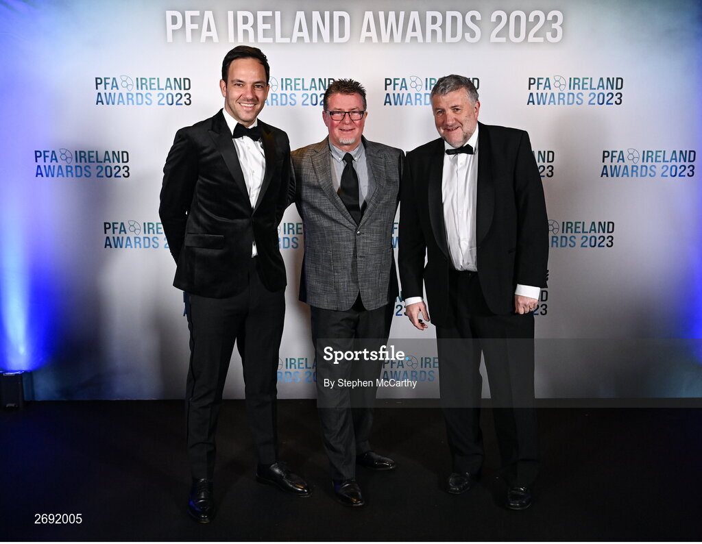2 December 2023; FAI director of football Marc Canham, left, FAI director of media and football relations Cathal Dervan, centre, and FAI vice-president Paul Cooke during the PFA Ireland Awards 2023 at Anantara The Marker Dublin Hotel in Dublin. Photo by Stephen McCarthy/Sportsfile