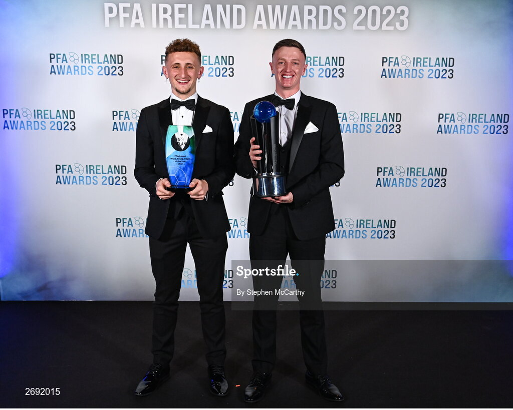 2 December 2023; PFA Ireland Men’s Young Player of the Year Sam Curtis of St Patrick's Athletic, left, and PFA Ireland Men’s Player of the Year winner Chris Forrester of St Patrick's Athletic during the PFA Ireland Awards 2023 at Anantara The Marker Dublin Hotel in Dublin. Photo by Stephen McCarthy/Sportsfile