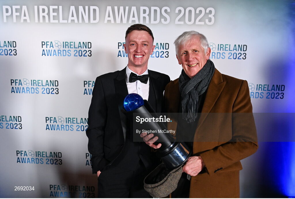 2 December 2023; PFA Ireland Men’s Player of the Year winner Chris Forrester of St Patrick's Athletic, left, with Harry McCue during the PFA Ireland Awards 2023 at Anantara The Marker Dublin Hotel in Dublin. Photo by Stephen McCarthy/Sportsfile