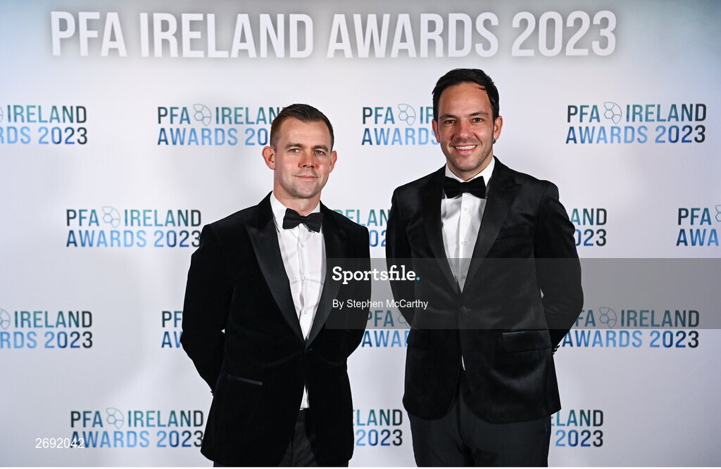2 December 2023; FAI assistant director of football Shane Robinson, left, and FAI director of football Marc Canham during the PFA Ireland Awards 2023 at Anantara The Marker Dublin Hotel in Dublin. Photo by Stephen McCarthy/Sportsfile