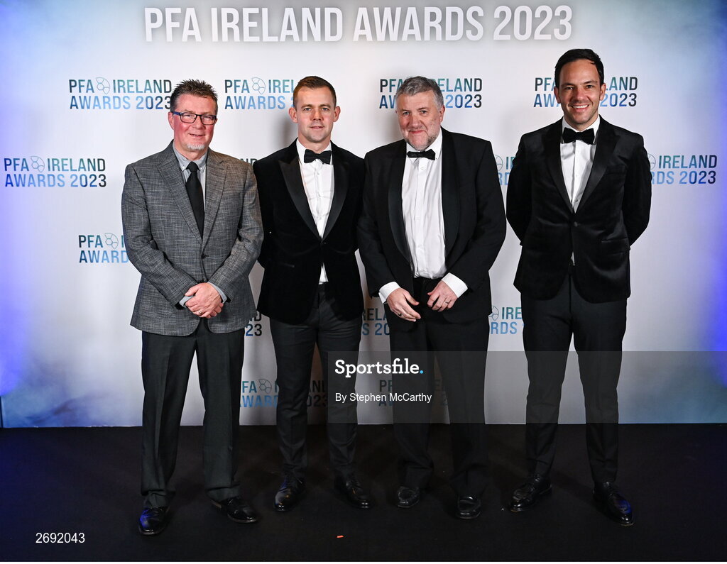 2 December 2023; In attendance, from left, FAI director of media and football relations Cathal Dervan, FAI assistant director of football Shane Robinson, FAI vice-president Paul Cooke, and FAI director of football Marc Canham during the PFA Ireland Awards 2023 at Anantara The Marker Dublin Hotel in Dublin. Photo by Stephen McCarthy/Sportsfile