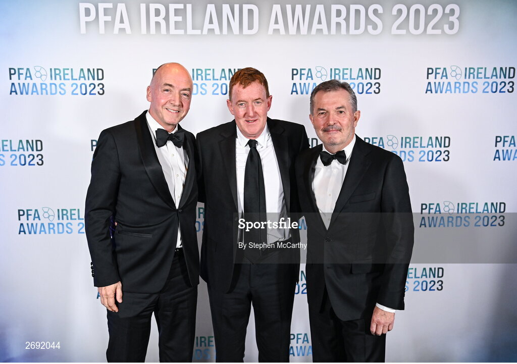 2 December 2023; In attendance, from left, Professor John O'Byrne, Professor Stephen Eustace, and Dr Alan Byrne during the PFA Ireland Awards 2023 at Anantara The Marker Dublin Hotel in Dublin. Photo by Stephen McCarthy/Sportsfile
