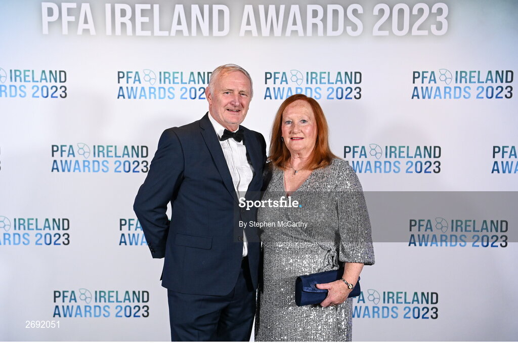 2 December 2023; FAI board member Joe O'Brien and wife Rita during the PFA Ireland Awards 2023 at Anantara The Marker Dublin Hotel in Dublin. Photo by Stephen McCarthy/Sportsfile
