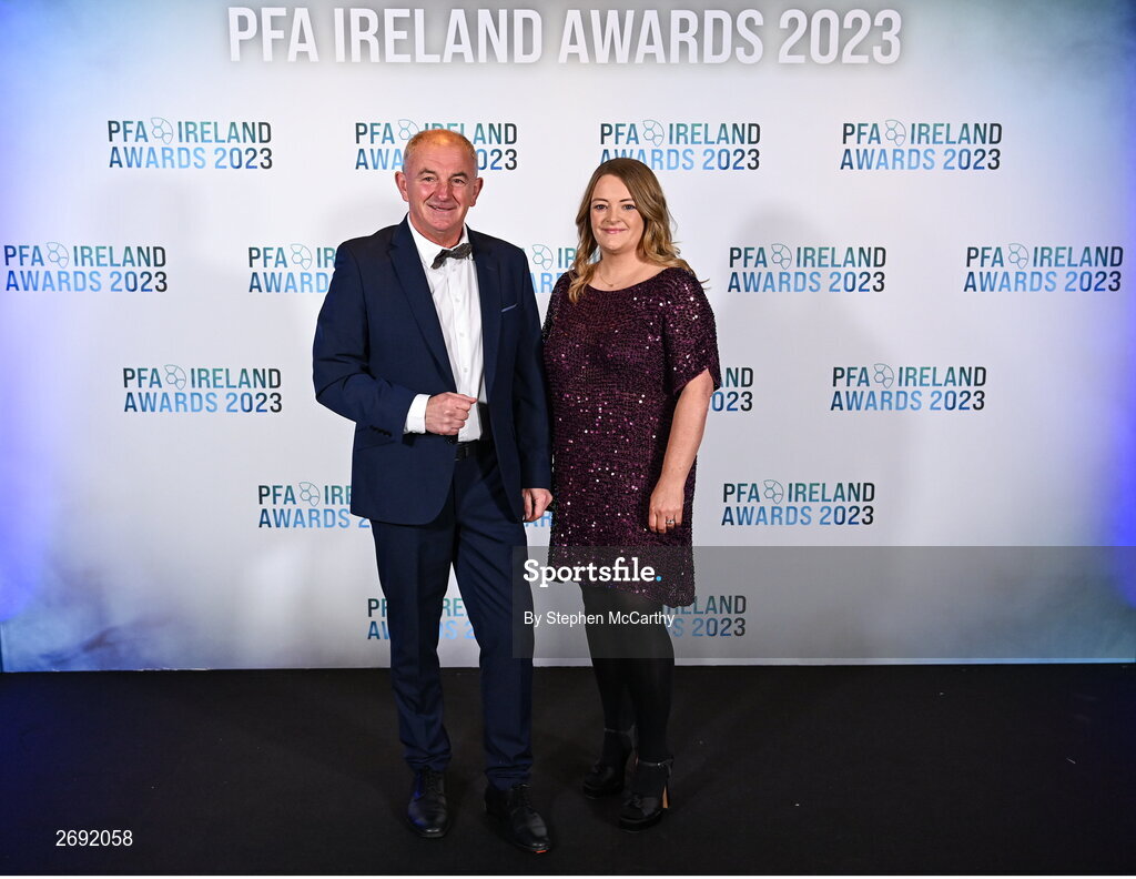 2 December 2023; Shelbourne women's manager Noel King and his daughter Louise during the PFA Ireland Awards 2023 at Anantara The Marker Dublin Hotel in Dublin. Photo by Stephen McCarthy/Sportsfile