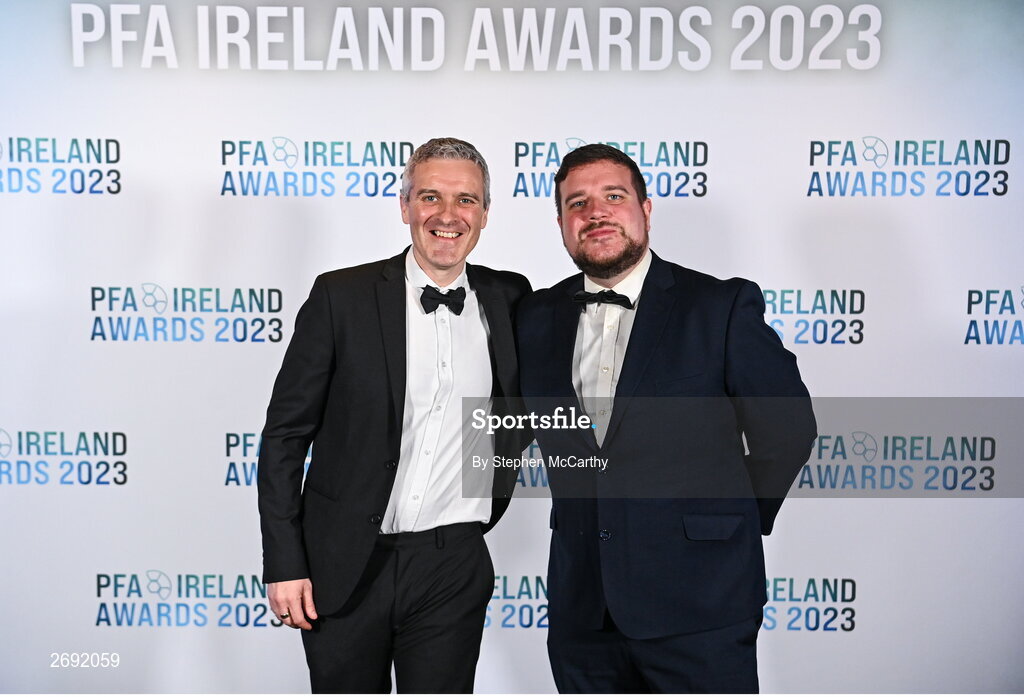 2 December 2023; Neil and Luke O'Riordan during the PFA Ireland Awards 2023 at Anantara The Marker Dublin Hotel in Dublin. Photo by Stephen McCarthy/Sportsfile