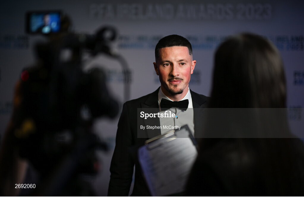 2 December 2023; PFA Ireland Men’s First Division Player of the Year winner Ronan Coughlan of Waterford is interviewed during the PFA Ireland Awards 2023 at Anantara The Marker Dublin Hotel in Dublin. Photo by Stephen McCarthy/Sportsfile