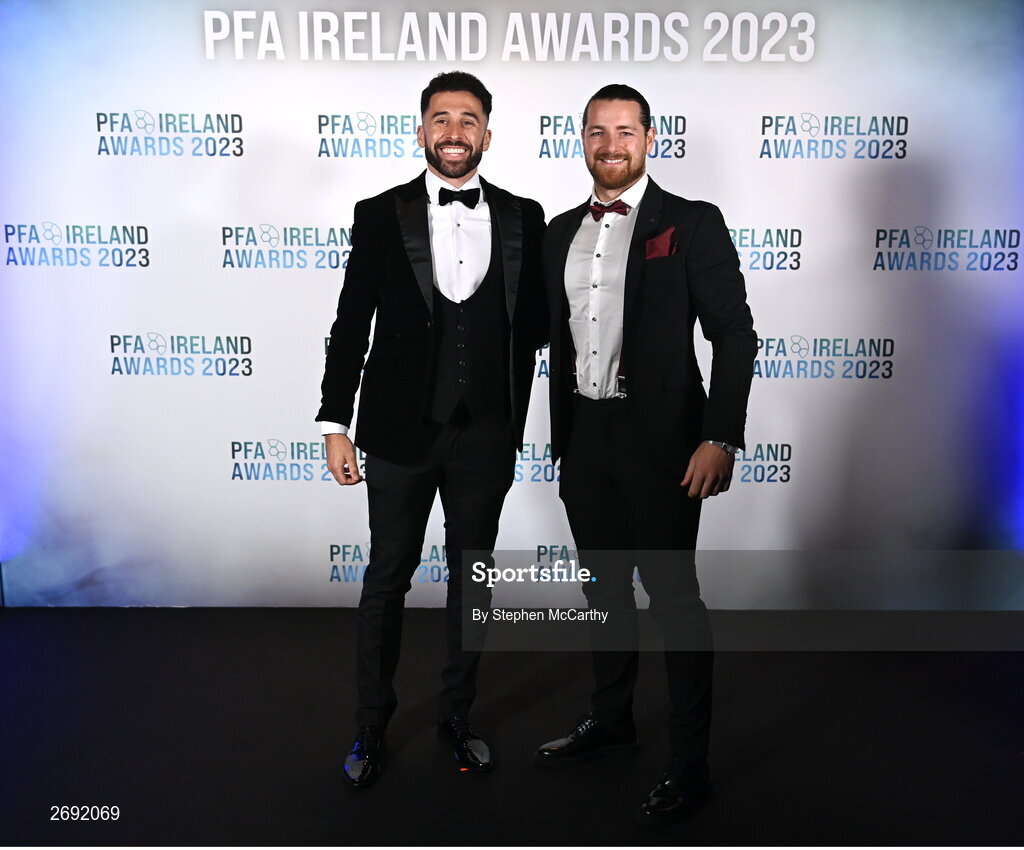 2 December 2023; Roberto Lopes, left, and Lee Steacy of Shamrock Rovers during the PFA Ireland Awards 2023 at Anantara The Marker Dublin Hotel in Dublin. Photo by Stephen McCarthy/Sportsfile
