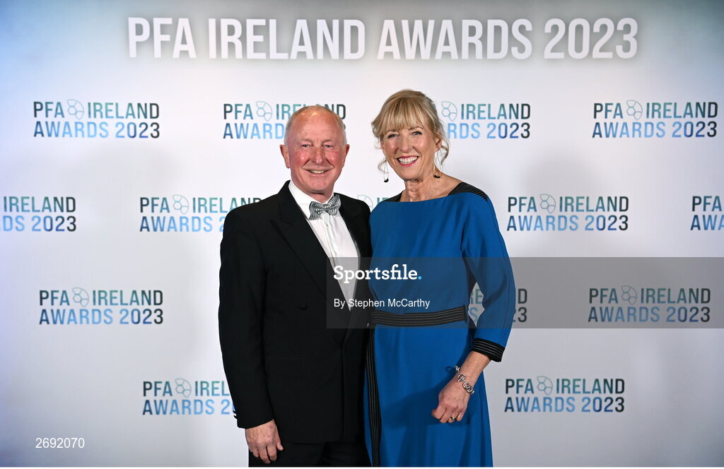 2 December 2023; FAI chair of the national leagues committee Dermot Aherne and wife Maeve during the PFA Ireland Awards 2023 at Anantara The Marker Dublin Hotel in Dublin. Photo by Stephen McCarthy/Sportsfile