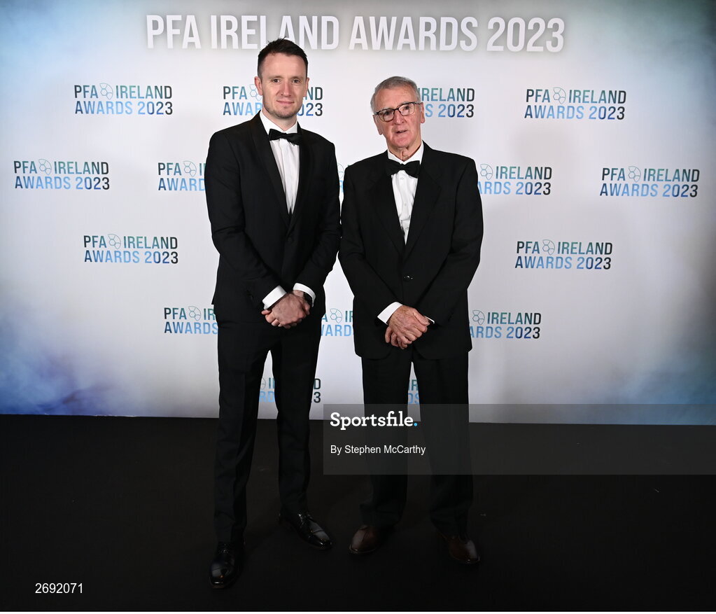 2 December 2023; PFA Ireland chairperson Brendan Clarke and Shay Weafer during the PFA Ireland Awards 2023 at Anantara The Marker Dublin Hotel in Dublin. Photo by Stephen McCarthy/Sportsfile