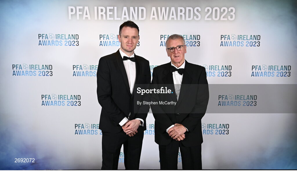 2 December 2023; PFA Ireland chairperson Brendan Clarke and Shay Weafer during the PFA Ireland Awards 2023 at Anantara The Marker Dublin Hotel in Dublin. Photo by Stephen McCarthy/Sportsfile