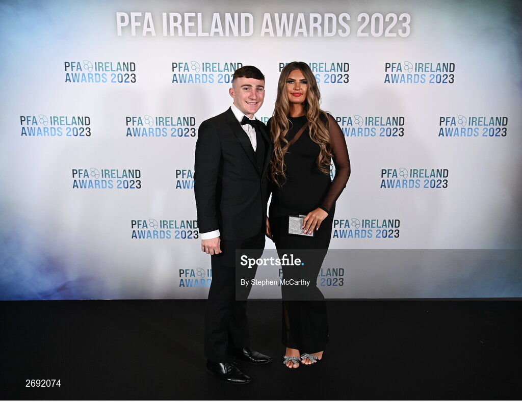 2 December 2023; Galway United's Edward McCarthy and Courtney O'Keeffe during the PFA Ireland Awards 2023 at Anantara The Marker Dublin Hotel in Dublin. Photo by Stephen McCarthy/Sportsfile