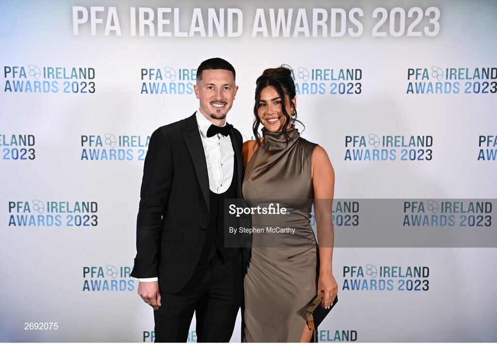 2 December 2023; Waterford's Ronan Coughlan and Sophie Harding during the PFA Ireland Awards 2023 at Anantara The Marker Dublin Hotel in Dublin. Photo by Stephen McCarthy/Sportsfile