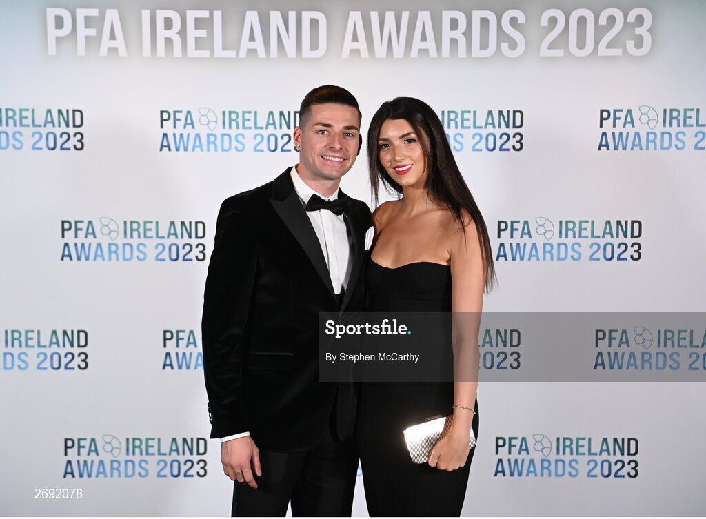 2 December 2023; PFA Ireland Men’s Premier Division Player of the Year nominee Ruairi Keating with Emily Luscombe during the PFA Ireland Awards 2023 at Anantara The Marker Dublin Hotel in Dublin. Photo by Stephen McCarthy/Sportsfile
