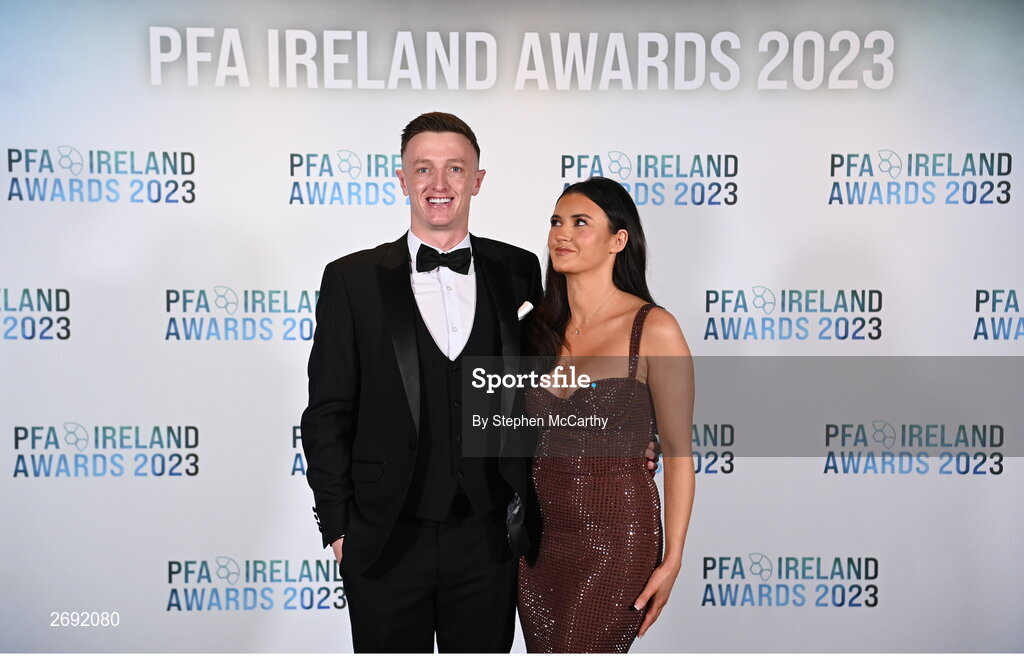 2 December 2023; Chris Forrester of St Patrick's Athletic and Ciara O'Keeffe during the PFA Ireland Awards 2023 at Anantara The Marker Dublin Hotel in Dublin. Photo by Stephen McCarthy/Sportsfile