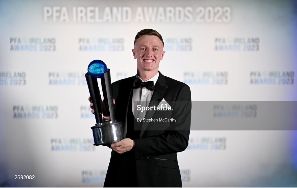 2 December 2023; Chris Forrester of St Patrick's Athletic with the PFA Ireland Men’s Player of the Year award during the PFA Ireland Awards 2023 at Anantara The Marker Dublin Hotel in Dublin. Photo by Stephen McCarthy/Sportsfile