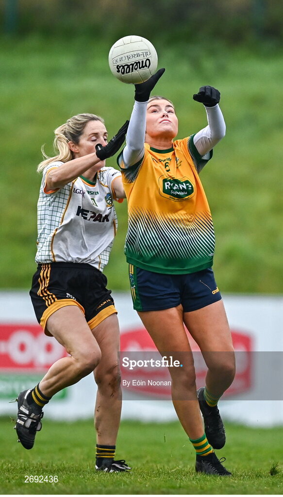 3 December 2023; Clodagh O'Donovan of Glanmire in action against Deirdre Flynn of Na Fianna during the Currentaccount.ie LGFA All-Ireland Intermediate Club Championship semi-final match between Glanmire, Cork, and Na Fianna, Meath, at Mallow GAA Grounds in Mallow, Cork. Photo by Eóin Noonan/Sportsfile