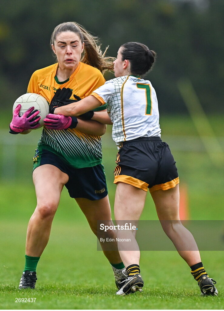 3 December 2023; Eibhlis Dillion of Glanmire in action against Sophia Payne of Na Fianna during the Currentaccount.ie LGFA All-Ireland Intermediate Club Championship semi-final match between Glanmire, Cork, and Na Fianna, Meath, at Mallow GAA Grounds in Mallow, Cork. Photo by Eóin Noonan/Sportsfile