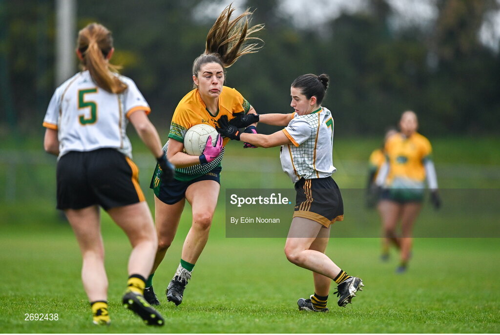 3 December 2023; Eibhlis Dillion of Glanmire in action against Sophia Payne of Na Fianna during the Currentaccount.ie LGFA All-Ireland Intermediate Club Championship semi-final match between Glanmire, Cork, and Na Fianna, Meath, at Mallow GAA Grounds in Mallow, Cork. Photo by Eóin Noonan/Sportsfile