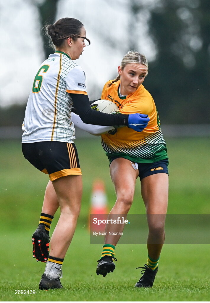3 December 2023; Orlaith Roche of Glanmire in action against Emma Regan of Na Fianna during the Currentaccount.ie LGFA All-Ireland Intermediate Club Championship semi-final match between Glanmire, Cork, and Na Fianna, Meath, at Mallow GAA Grounds in Mallow, Cork. Photo by Eóin Noonan/Sportsfile