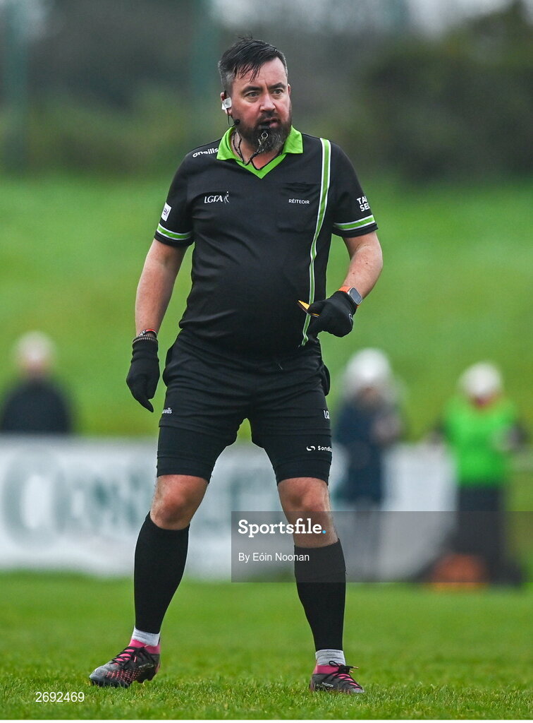 3 December 2023; Referee Seamus Mulvihill during the Currentaccount.ie LGFA All-Ireland Intermediate Club Championship semi-final match between Glanmire, Cork, and Na Fianna, Meath, at Mallow GAA Grounds in Mallow, Cork. Photo by Eóin Noonan/Sportsfile