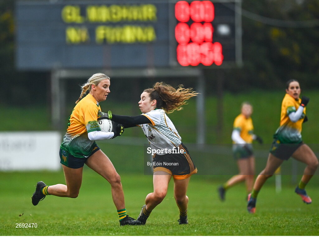 3 December 2023; Orlaith Roche of Glanmire in action against Meabh Downey of Na Fianna during the Currentaccount.ie LGFA All-Ireland Intermediate Club Championship semi-final match between Glanmire, Cork, and Na Fianna, Meath, at Mallow GAA Grounds in Mallow, Cork. Photo by Eóin Noonan/Sportsfile