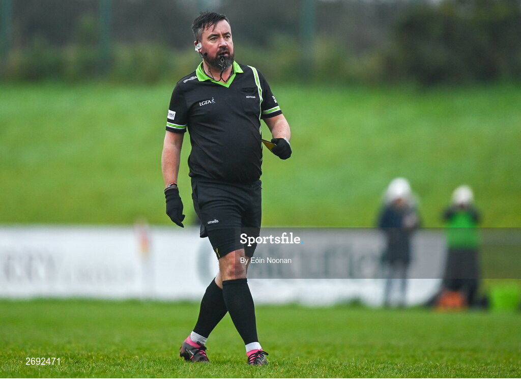 3 December 2023; Referee Seamus Mulvihill during the Currentaccount.ie LGFA All-Ireland Intermediate Club Championship semi-final match between Glanmire, Cork, and Na Fianna, Meath, at Mallow GAA Grounds in Mallow, Cork. Photo by Eóin Noonan/Sportsfile