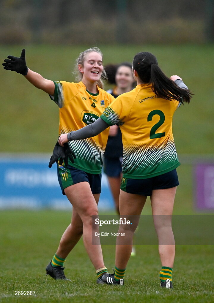 3 December 2023; Kayla O'Connor of Glanmire, right, with teammate Claire Murphy after the Currentaccount.ie LGFA All-Ireland Intermediate Club Championship semi-final match between Glanmire, Cork, and Na Fianna, Meath, at Mallow GAA Grounds in Mallow, Cork. Photo by Eóin Noonan/Sportsfile