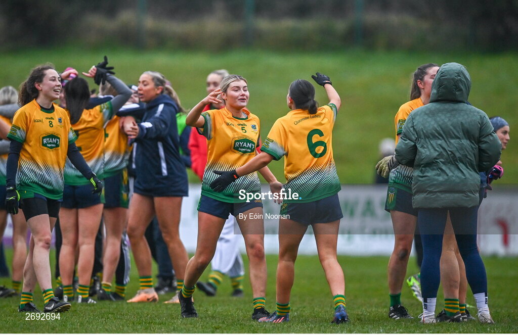 3 December 2023; Clodagh O'Donovan, left, of Glanmire with teammate Ellen Twomey after the Currentaccount.ie LGFA All-Ireland Intermediate Club Championship semi-final match between Glanmire, Cork, and Na Fianna, Meath, at Mallow GAA Grounds in Mallow, Cork. Photo by Eóin Noonan/Sportsfile