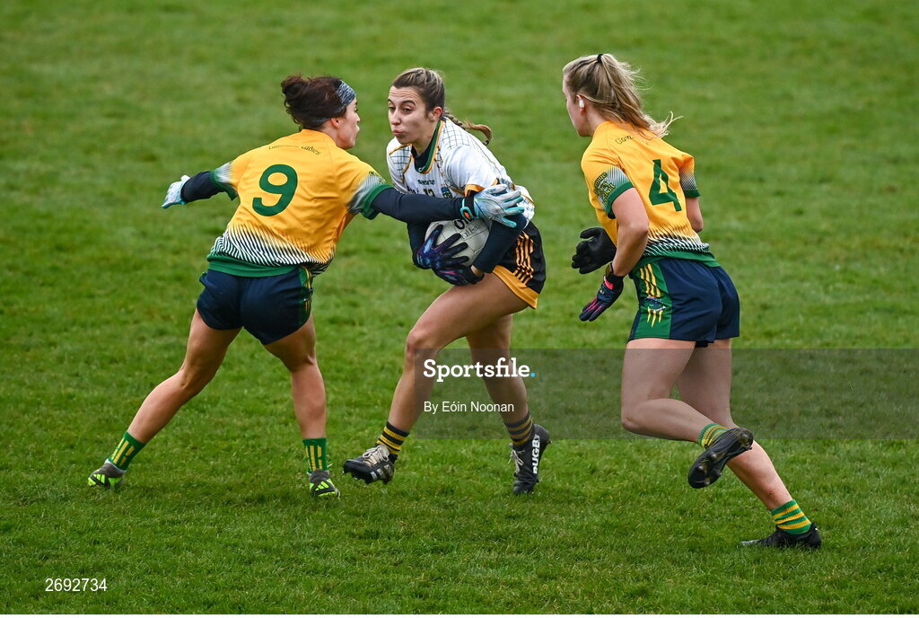 3 December 2023; Maire Kirby of Na Fianna in action against Ellen Murphy of Glanmire during the Currentaccount.ie LGFA All-Ireland Intermediate Club Championship semi-final match between Glanmire, Cork, and Na Fianna, Meath, at Mallow GAA Grounds in Mallow, Cork. Photo by Eóin Noonan/Sportsfile