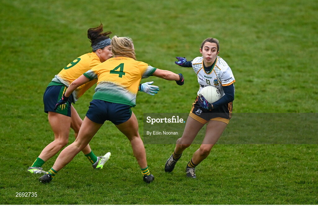 3 December 2023; Maire Kirby of Na Fianna in action against Kayla O'Connor of Glanmire during the Currentaccount.ie LGFA All-Ireland Intermediate Club Championship semi-final match between Glanmire, Cork, and Na Fianna, Meath, at Mallow GAA Grounds in Mallow, Cork. Photo by Eóin Noonan/Sportsfile