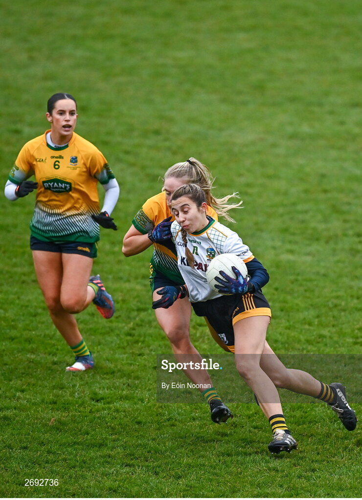 3 December 2023; Maire Kirby of Na Fianna in action against Kayla O'Connor of Glanmire during the Currentaccount.ie LGFA All-Ireland Intermediate Club Championship semi-final match between Glanmire, Cork, and Na Fianna, Meath, at Mallow GAA Grounds in Mallow, Cork. Photo by Eóin Noonan/Sportsfile