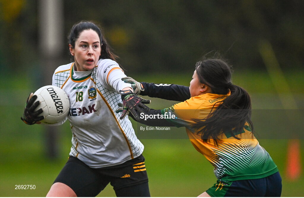 3 December 2023; Aoife McCormack of Na Fianna in action against Lucy Greene of Glanmire during the Currentaccount.ie LGFA All-Ireland Intermediate Club Championship semi-final match between Glanmire, Cork, and Na Fianna, Meath, at Mallow GAA Grounds in Mallow, Cork. Photo by Eóin Noonan/Sportsfile
