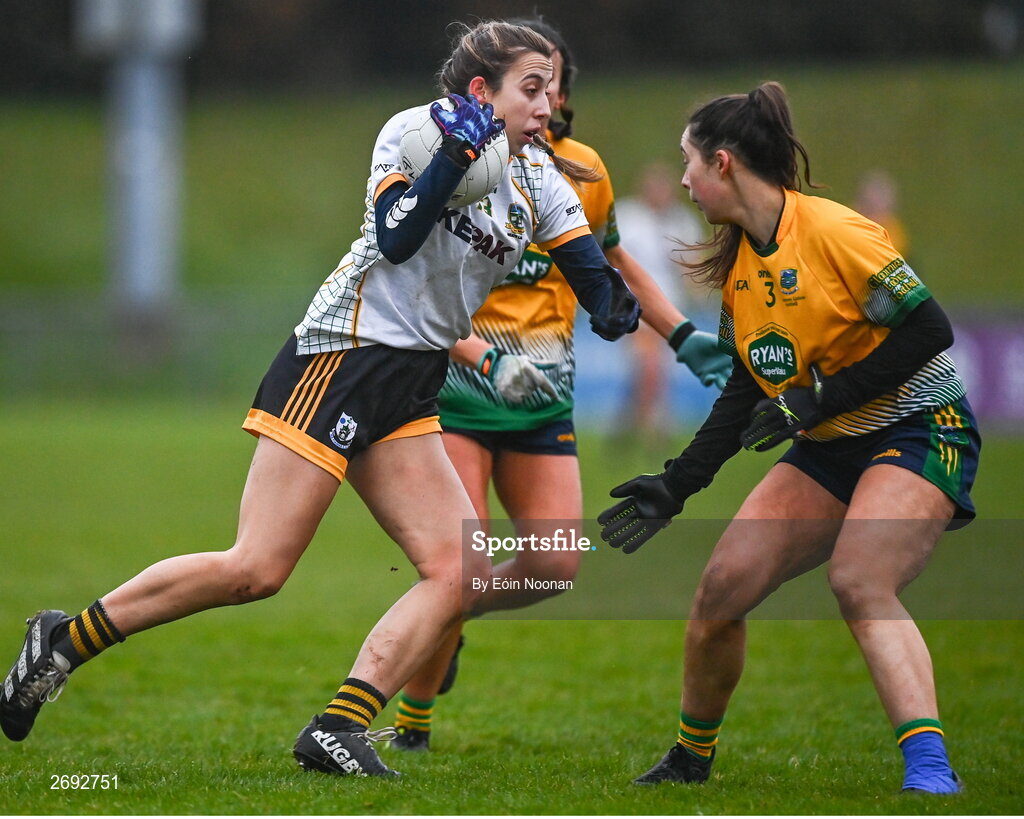 3 December 2023; Maire Kirby of Na Fianna in action against Michelle Barry of Glanmire during the Currentaccount.ie LGFA All-Ireland Intermediate Club Championship semi-final match between Glanmire, Cork, and Na Fianna, Meath, at Mallow GAA Grounds in Mallow, Cork. Photo by Eóin Noonan/Sportsfile