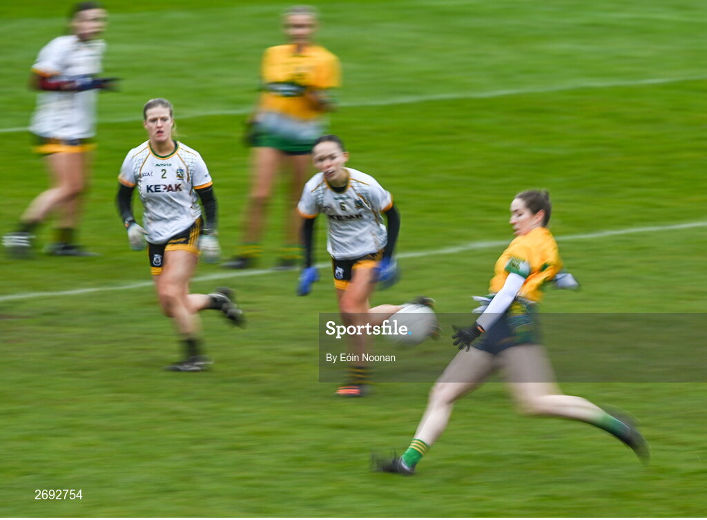 3 December 2023; Ríona Crowley of Glanmire has a shot on goal during the Currentaccount.ie LGFA All-Ireland Intermediate Club Championship semi-final match between Glanmire, Cork, and Na Fianna, Meath, at Mallow GAA Grounds in Mallow, Cork. Photo by Eóin Noonan/Sportsfile