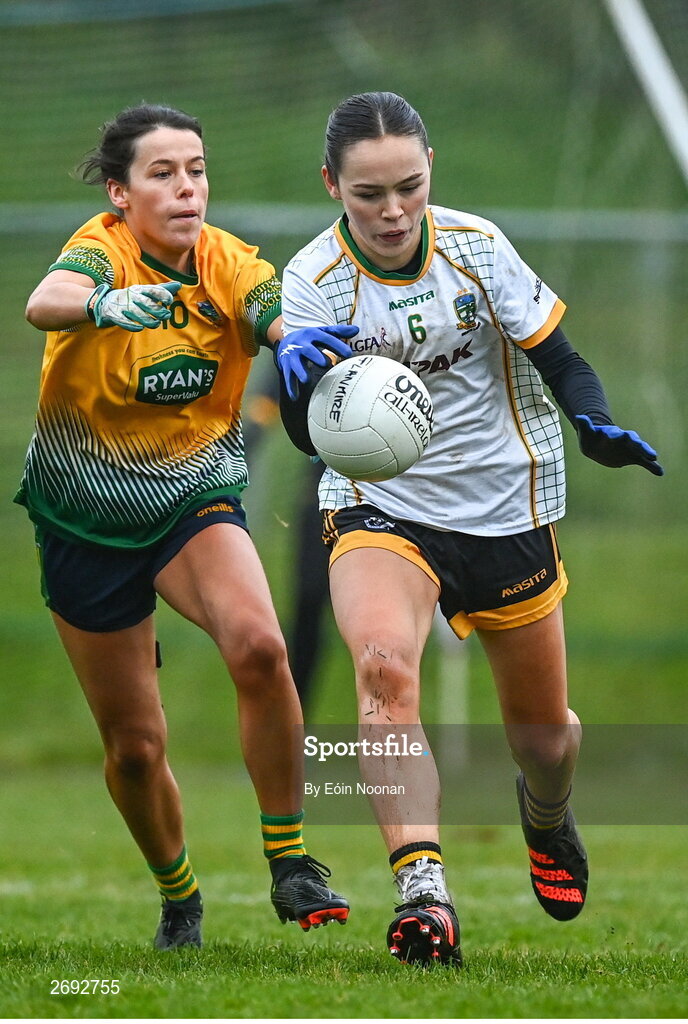 3 December 2023; Emma Regan of Na Fianna in action against Ally McCarthy of Glanmire during the Currentaccount.ie LGFA All-Ireland Intermediate Club Championship semi-final match between Glanmire, Cork, and Na Fianna, Meath, at Mallow GAA Grounds in Mallow, Cork. Photo by Eóin Noonan/Sportsfile
