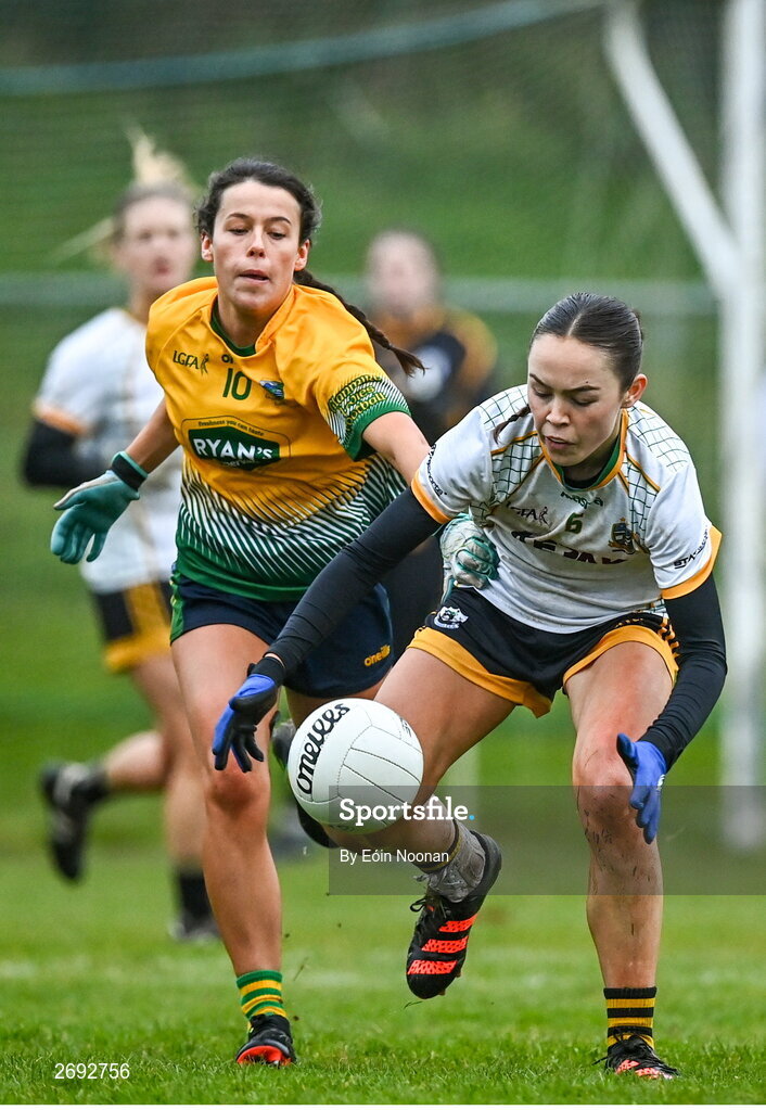 3 December 2023; Emma Regan of Na Fianna in action against Ally McCarthy of Glanmire during the Currentaccount.ie LGFA All-Ireland Intermediate Club Championship semi-final match between Glanmire, Cork, and Na Fianna, Meath, at Mallow GAA Grounds in Mallow, Cork. Photo by Eóin Noonan/Sportsfile