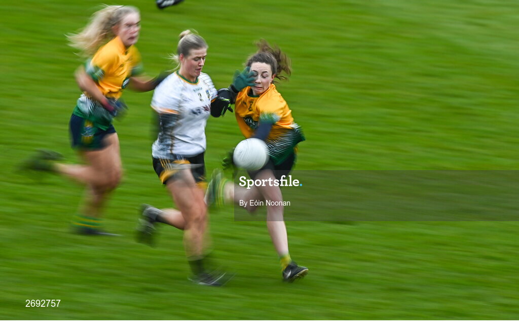 3 December 2023; Hazel Geraghty of Na Fianna in action against Abbie O'Mahony of Glanmire during the Currentaccount.ie LGFA All-Ireland Intermediate Club Championship semi-final match between Glanmire, Cork, and Na Fianna, Meath, at Mallow GAA Grounds in Mallow, Cork. Photo by Eóin Noonan/Sportsfile