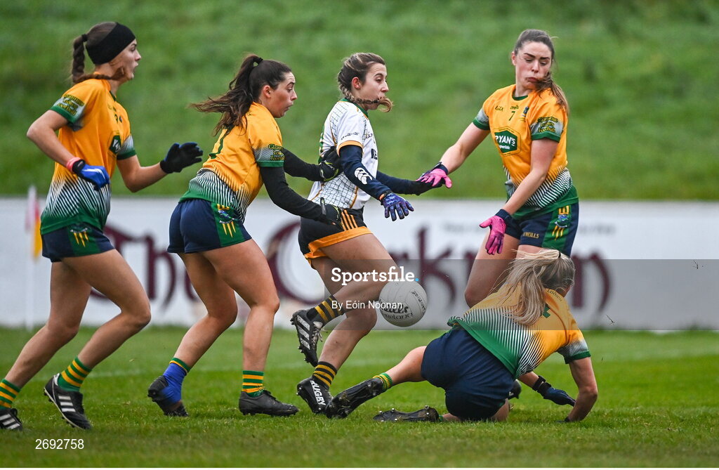 3 December 2023; Maire Kirby of Na Fianna has a shot on goal blocked by Kayla O'Connor of Glanmire during the Currentaccount.ie LGFA All-Ireland Intermediate Club Championship semi-final match between Glanmire, Cork, and Na Fianna, Meath, at Mallow GAA Grounds in Mallow, Cork. Photo by Eóin Noonan/Sportsfile