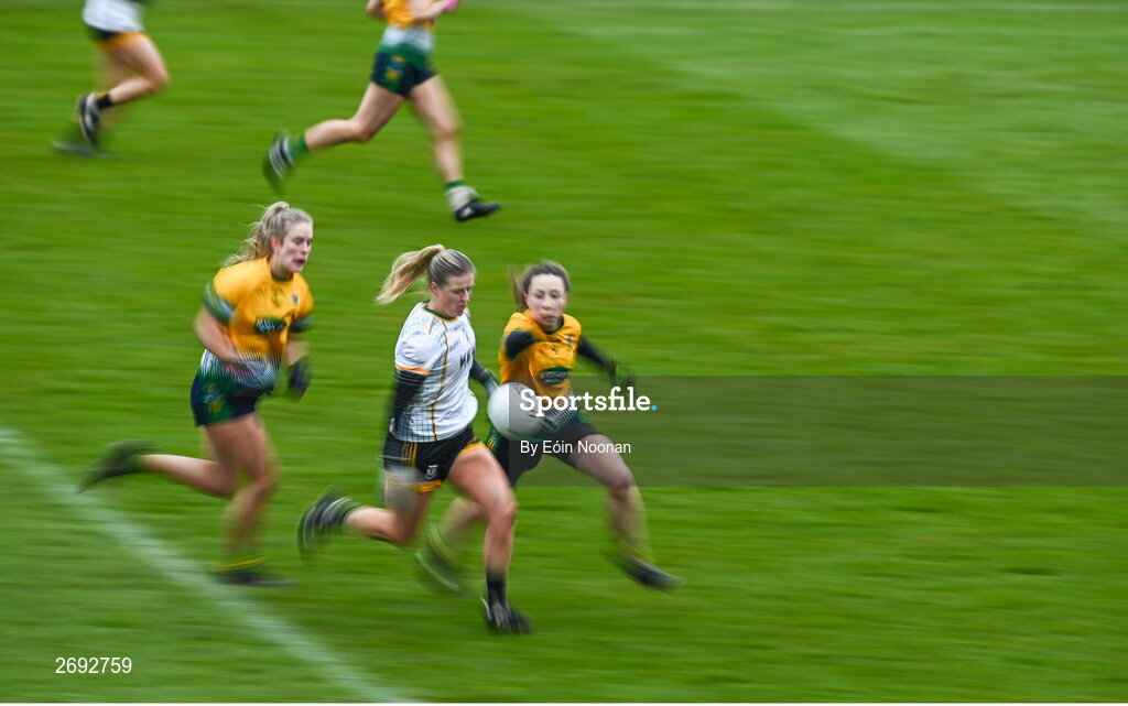 3 December 2023; Hazel Geraghty of Na Fianna in action against Abbie O'Mahony of Glanmire during the Currentaccount.ie LGFA All-Ireland Intermediate Club Championship semi-final match between Glanmire, Cork, and Na Fianna, Meath, at Mallow GAA Grounds in Mallow, Cork. Photo by Eóin Noonan/Sportsfile
