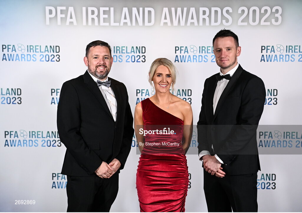 2 December 2023; PFA Ireland player executive John McGuinness, PFA Ireland's Simone Flannery and PFA Ireland chairperson Brendan Clarke during the PFA Ireland Awards 2023 at Anantara The Marker Dublin Hotel in Dublin. Photo by Stephen McCarthy/Sportsfile