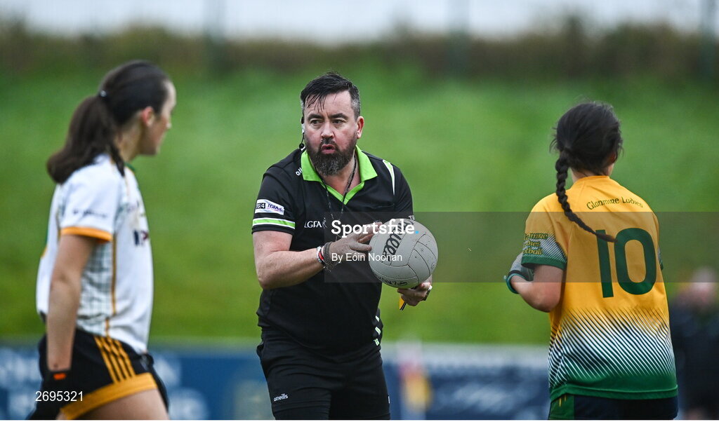 3 December 2023; Referee Seamus Mulvihill during the Currentaccount.ie LGFA All-Ireland Intermediate Club Championship semi-final match between Glanmire, Cork, and Na Fianna, Meath, at Mallow GAA Grounds in Mallow, Cork. Photo by Eóin Noonan/Sportsfile