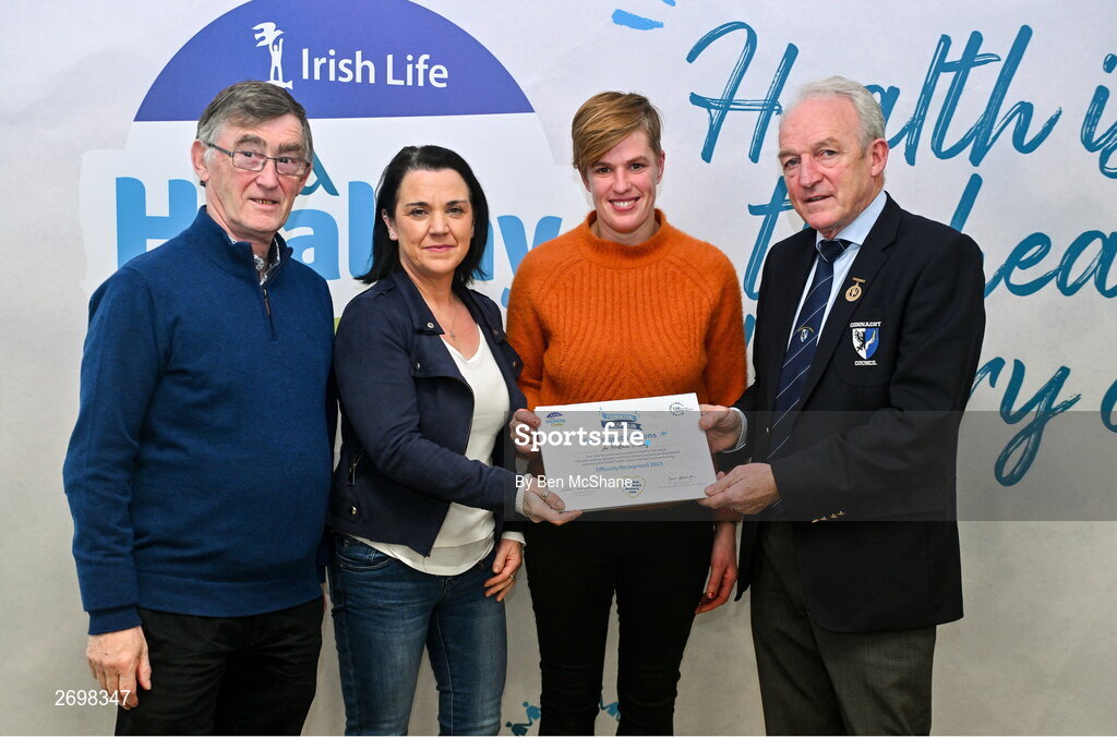 14 December 2023; An Mullagh, Galway, representatives Carmel Hogan and Ann Coen is presented their Foundation Healthy Club award by Connacht GAA secretary John Prenty, left, and Connacht GAA Council president John Murphy, right, during the Irish Life Connacht GAA Healthy Clubs recognition event at the Connacht GAA Centre of Excellence in Bekan, Mayo. Photo by Ben McShane/Sportsfile