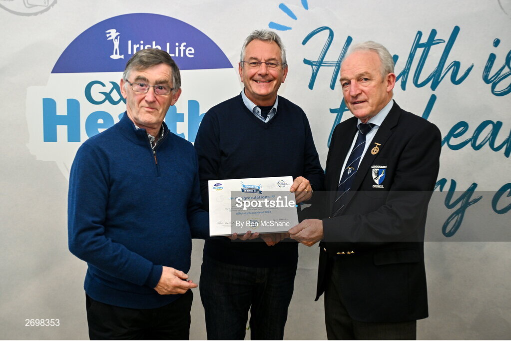 14 December 2023; Salthill, Galway representative Pat Hickey is presented their Foundation Healthy Club award by Connacht GAA secretary John Prenty, left, and Connacht GAA Council president John Murphy, right, during the Irish Life Connacht GAA Healthy Clubs recognition event at the Connacht GAA Centre of Excellence in Bekan, Mayo. Photo by Ben McShane/Sportsfile