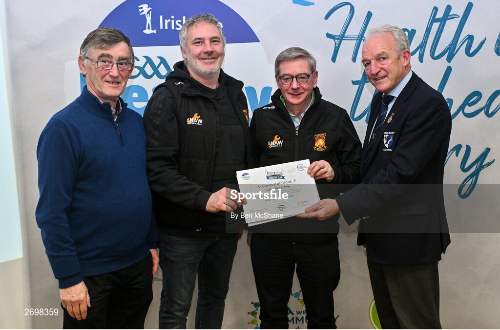14 December 2023; Castlebar Mitchels, Mayo, representatives John O'Donnell and Kieran Lavelle is presented their Silver Healthy Club award by Connacht GAA secretary John Prenty, left, and Connacht GAA Council president John Murphy, right, during the Irish Life Connacht GAA Healthy Clubs recognition event at the Connacht GAA Centre of Excellence in Bekan, Mayo. Photo by Ben McShane/Sportsfile
