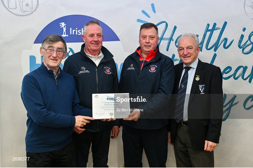 14 December 2023; Padraig Pearses, Roscommon, representatives Mike Feehily and Michael Glennon is presented their Foundation Healthy Club award by Connacht GAA secretary John Prenty, left, and Connacht GAA Council president John Murphy, right, during the Irish Life Connacht GAA Healthy Clubs recognition event at the Connacht GAA Centre of Excellence in Bekan, Mayo. Photo by Ben McShane/Sportsfile
