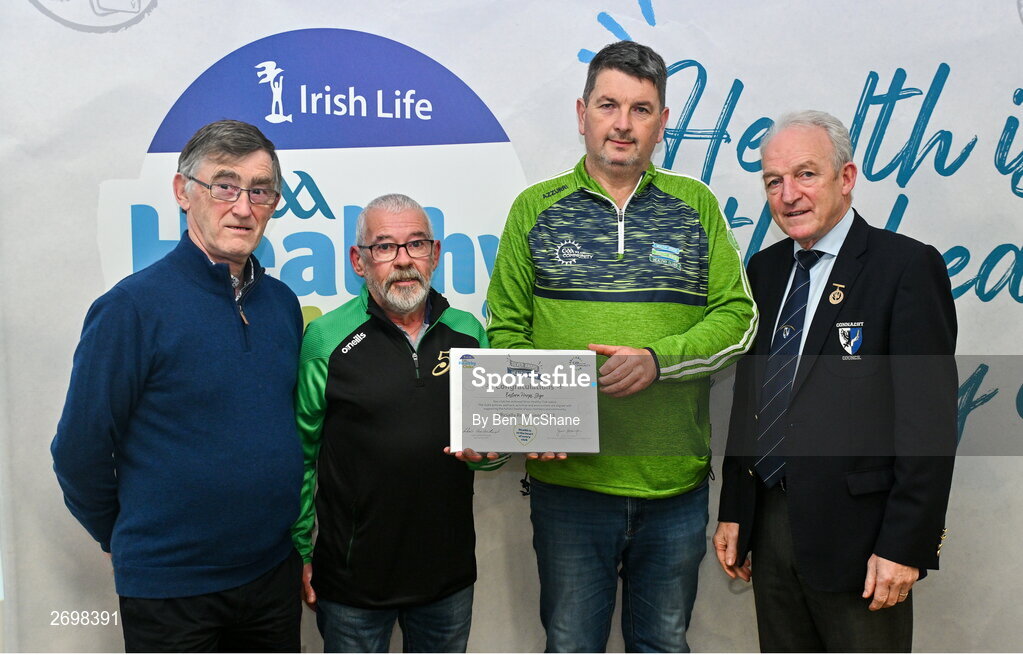 14 December 2023; Eastern Harps, Sligo, representatives Padraig Henry and Thomas Tahemy is presented their Silver Healthy Club award by Connacht GAA secretary John Prenty, left, and Connacht GAA Council president John Murphy, right, during the Irish Life Connacht GAA Healthy Clubs recognition event at the Connacht GAA Centre of Excellence in Bekan, Mayo. Photo by Ben McShane/Sportsfile