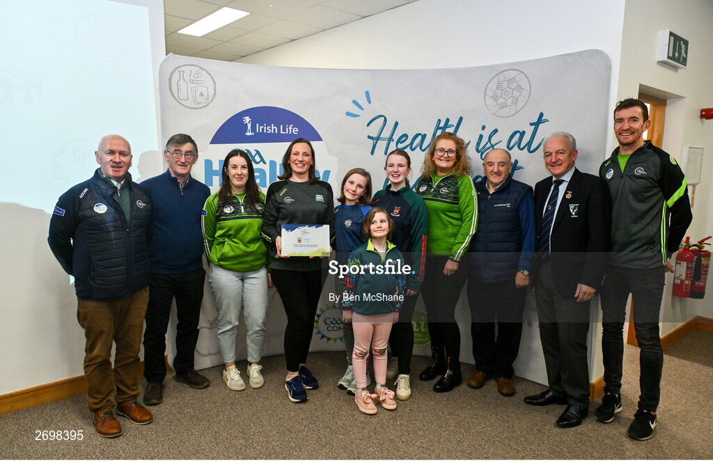 14 December 2023; In attendance, from left, Connacht GAA secretary of health and wellbeing Denis O'Boyle, Connacht GAA secretary John Prenty, Brid O'Dwyer, GAA community and health co-ordinator, Fran Downey, Mayo GAA chairperson of Health and Wellbeing, Ellsie Mackeever, age 9, Ruby Mackeever, age 6, and Maisie Mackeever, age 13, Noreen Johnston, Mayo GAA secretary of Health and Wellbeing, Mattie Gilroy, chairperson of Connacht GAA Health and Wellbeing, Connacht GAA Council president John Murphy and Stuart Maloney, GAA community and health co-ordinator for Connacht and Munster, showcasing the award of Mayo GAA winning the All-Ireland County Health and Wellbeing Community of the Year 2023 during the Irish Life Connacht GAA Healthy Clubs recognition event at the Connacht GAA Centre of Excellence in Bekan, Mayo. Photo by Ben McShane/Sportsfile