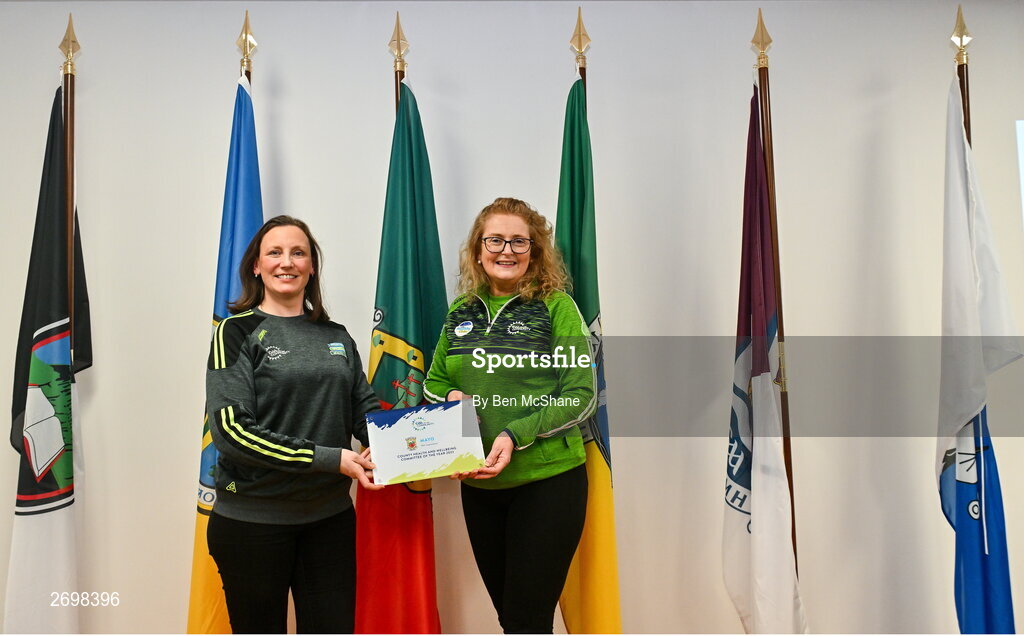 14 December 2023; Fran Downey, Mayo GAA chairperson of Health and Wellbeing, left, and Noreen Johnston, Mayo GAA secretary of Health and Wellbeing, showcasing the award of Mayo GAA winning the All-Ireland County Health and Wellbeing Community of the Year 2023 during the Connacht Irish Life GAA Healthy Clubs recognition event at the Connacht GAA Centre of Excellence in Bekan, Mayo. Photo by Ben McShane/Sportsfile